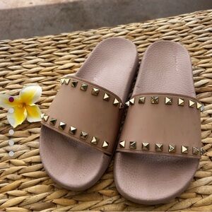 Valentino Tan Studded Slip-On Sandals